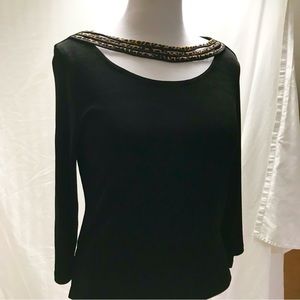 Black long sleeve tunic top with animal print detail at front of neck size M